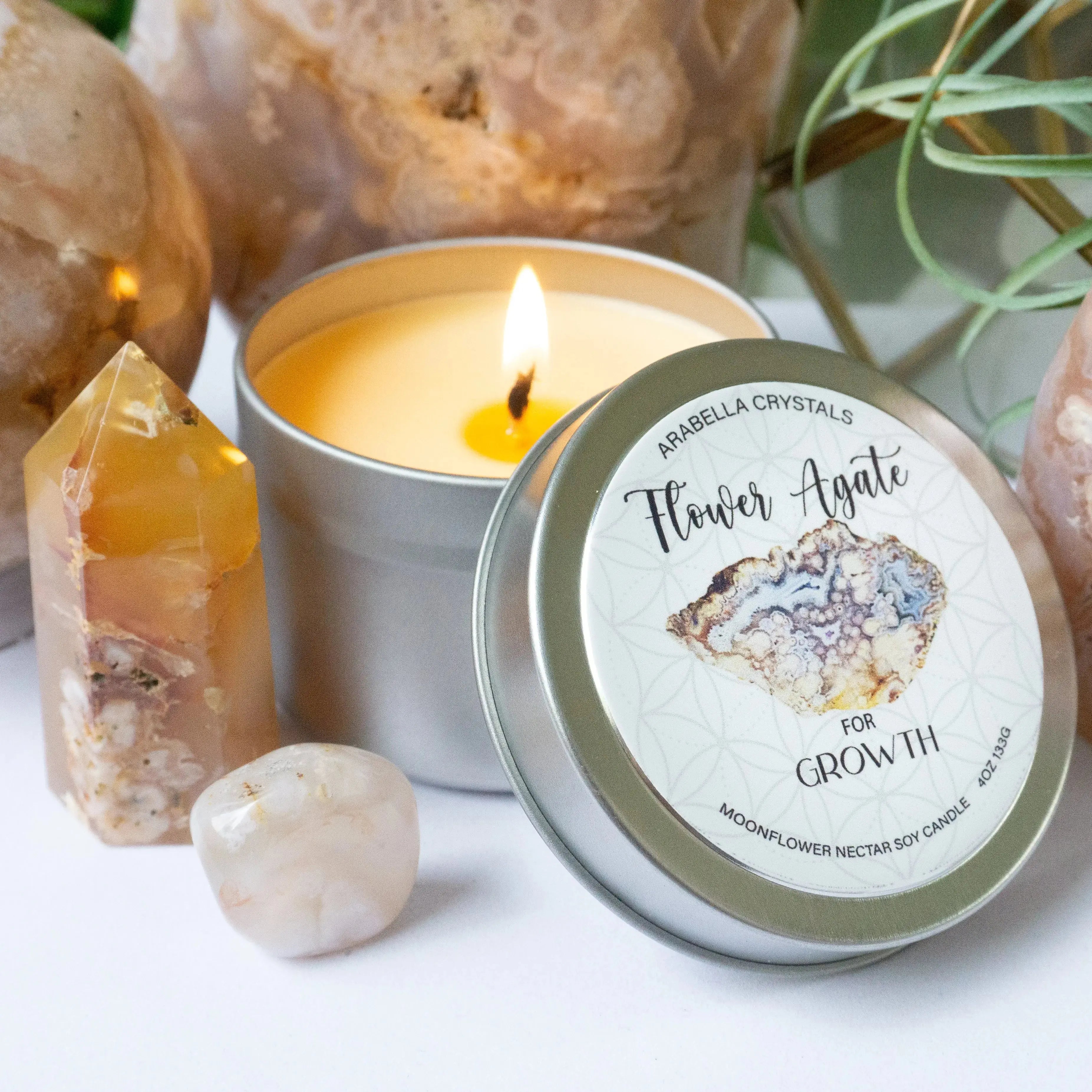 Flower Agate Crystal Candle Tin Notes of: Moonflower, Rose & Dark Musk
