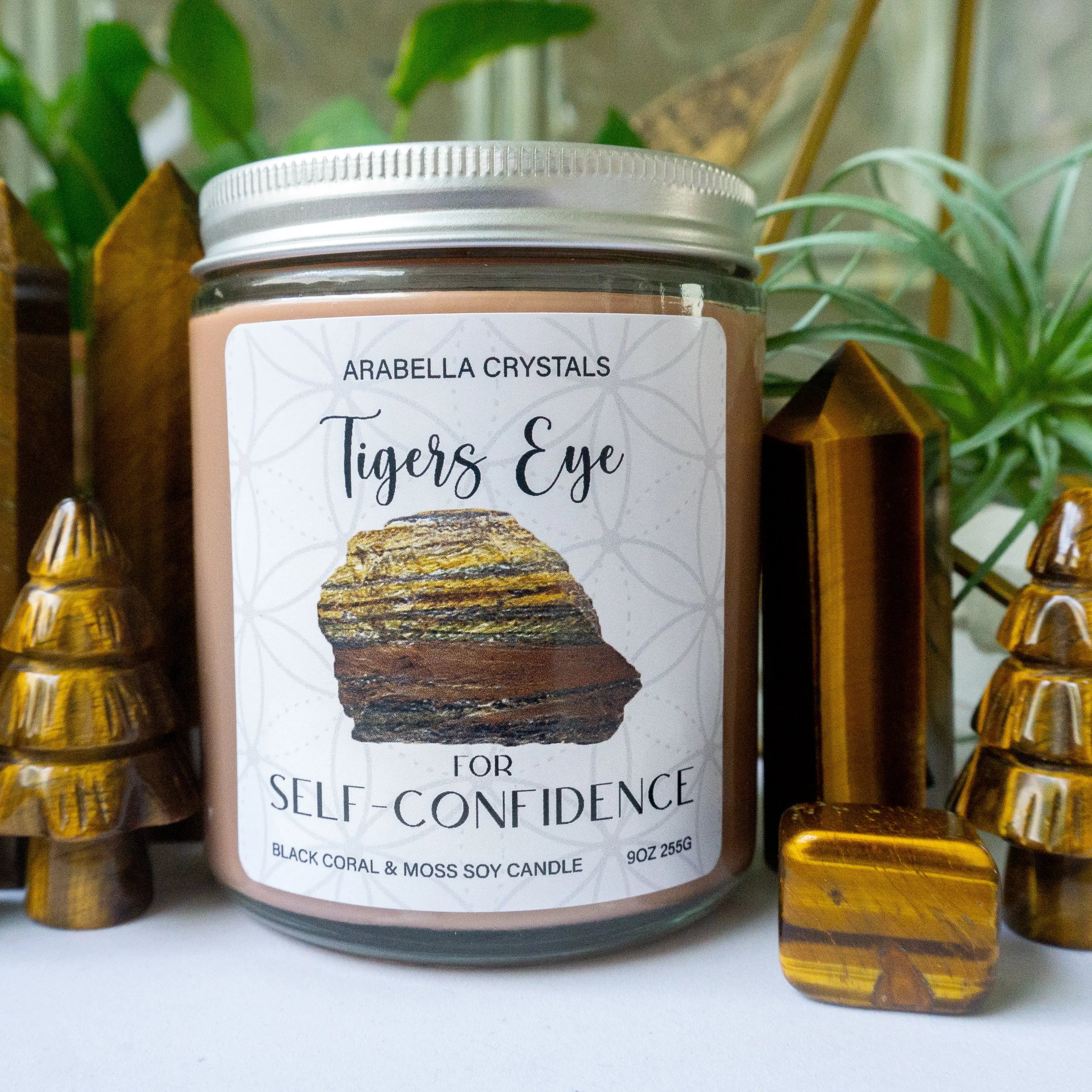 Tigers Eye Crystal Candle Notes of: Camphor, Lavender & Cedar