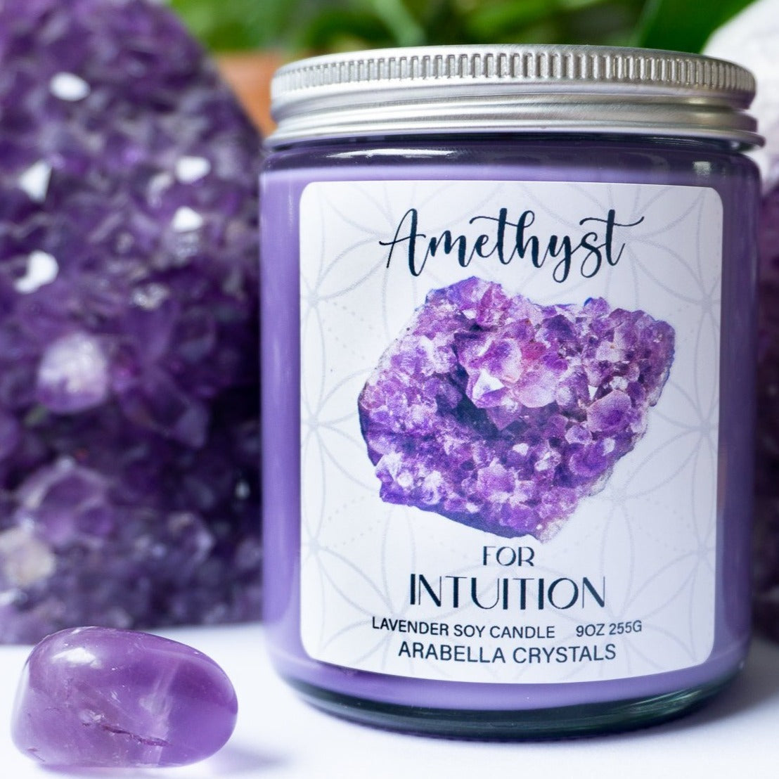 Lavender Healing Crystal Soy Candle with Amethyst