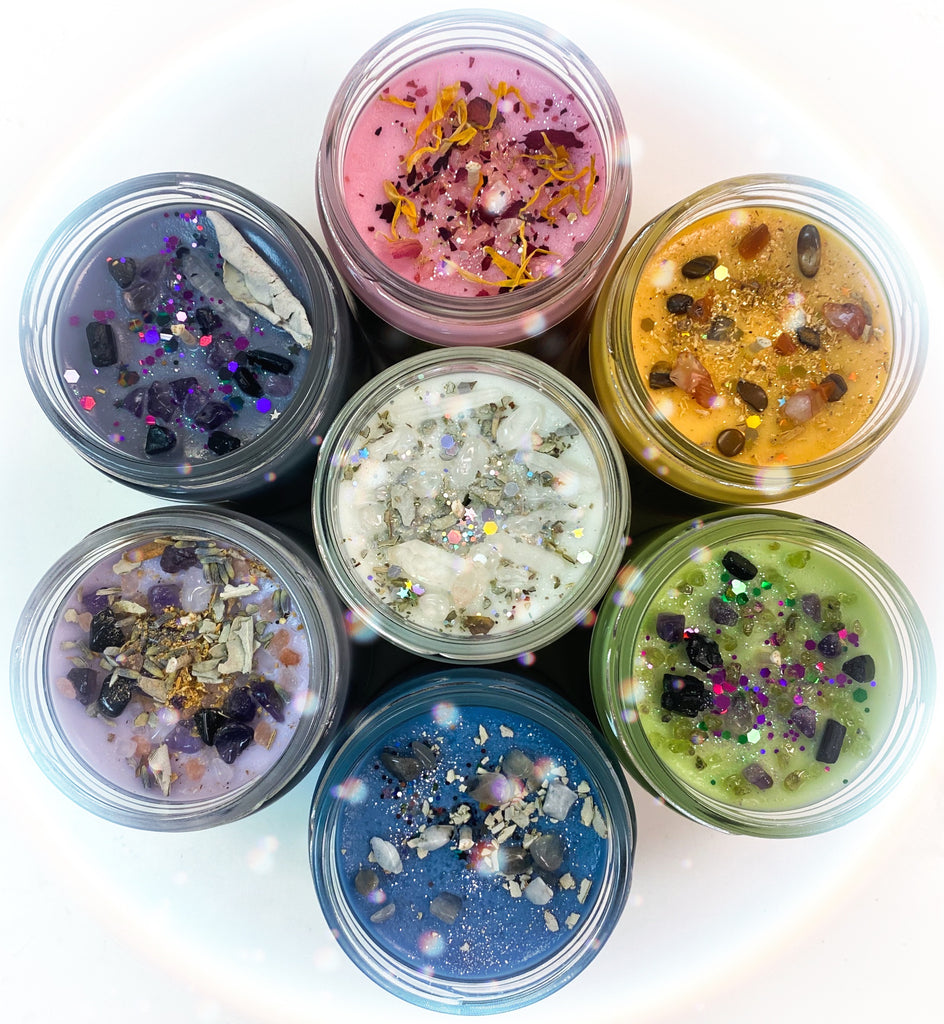 Herbal Candles: Adorned with herbs, stones, and glitters